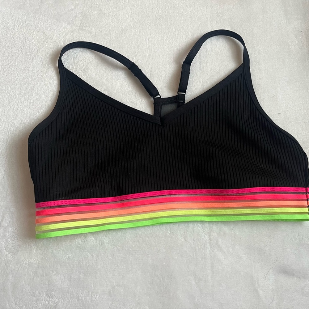 PINK Sport Victoria’s Secret Black Sports Bra with Neon Stripes
